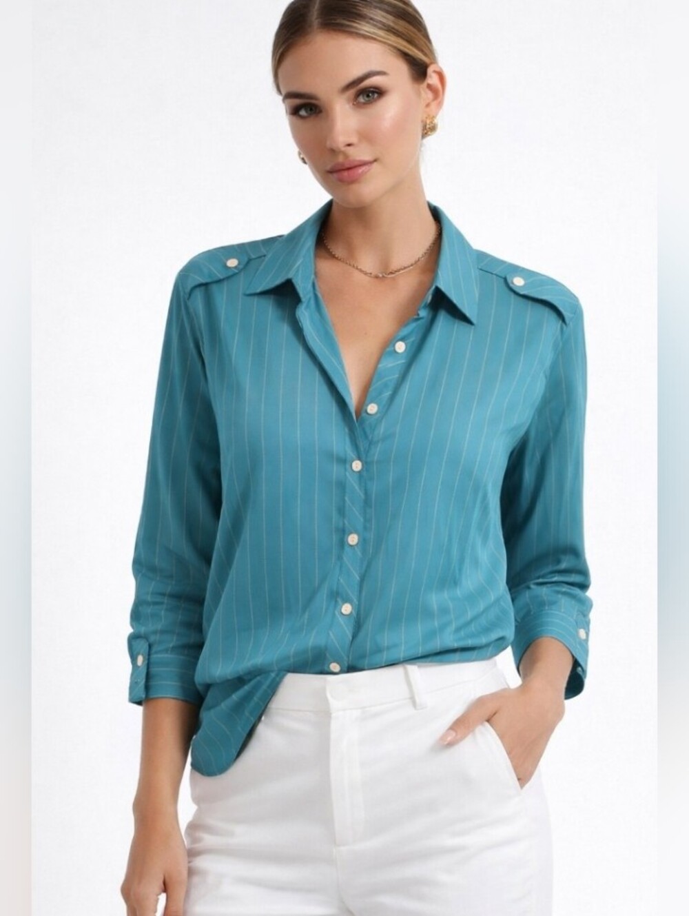 Apparenza Teal Pinstripe Button-Down Camp Blouse 1X